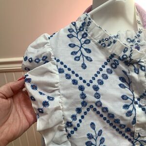 SHEIN White and Blue Embroidered Blouse
